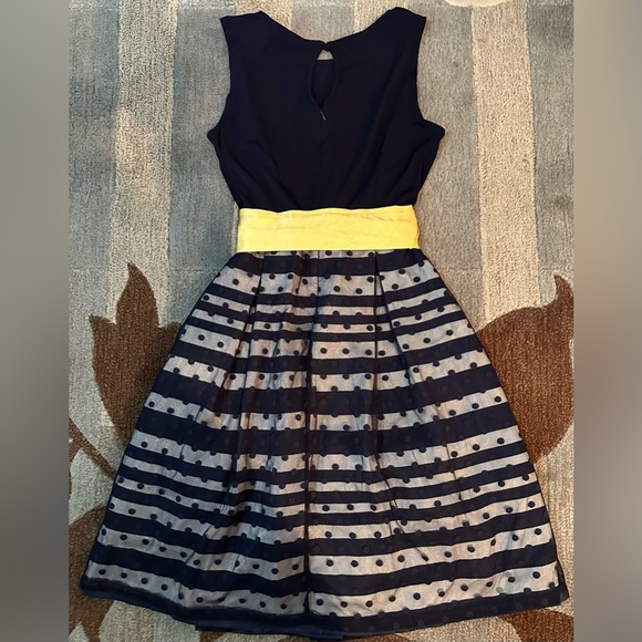 NWT Sleeveless Karin Stevens A-line Party Dress Navy Swiss Dot Tulle Over Stripe - Picture 1 of 3